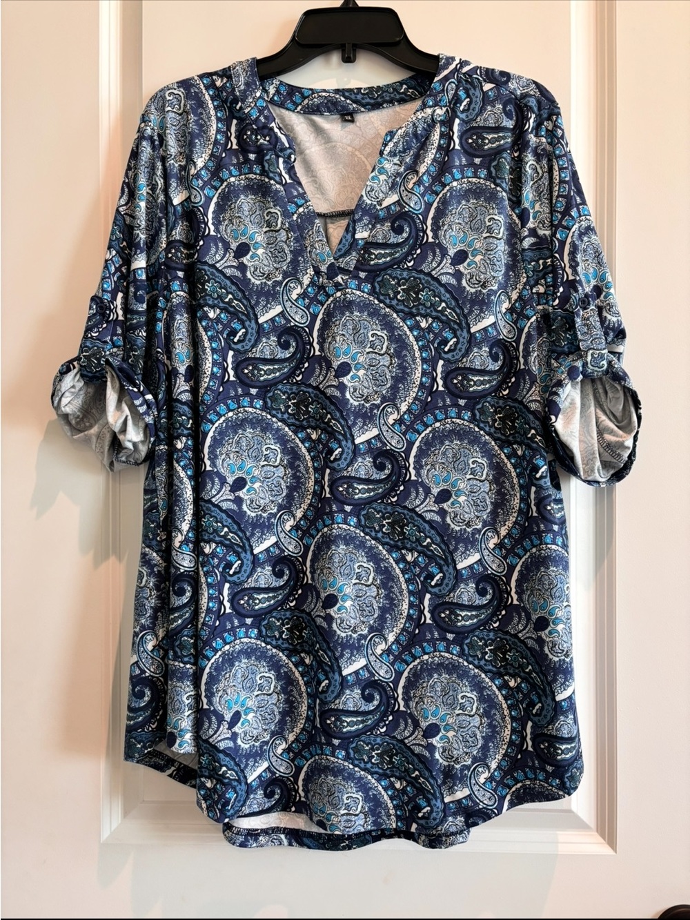 Blue Paisley Roll Tab Sleeve Top 2X